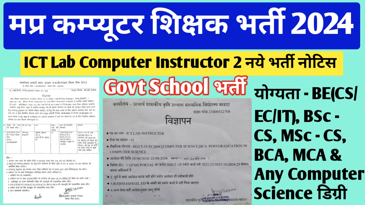 मध्‍यप्रदेश सरकारी स्‍कूलों में कम्‍प्‍यूटर शिक्षकाे की भर्ती 2024 | MP Computer Teacher Vacancy 2024