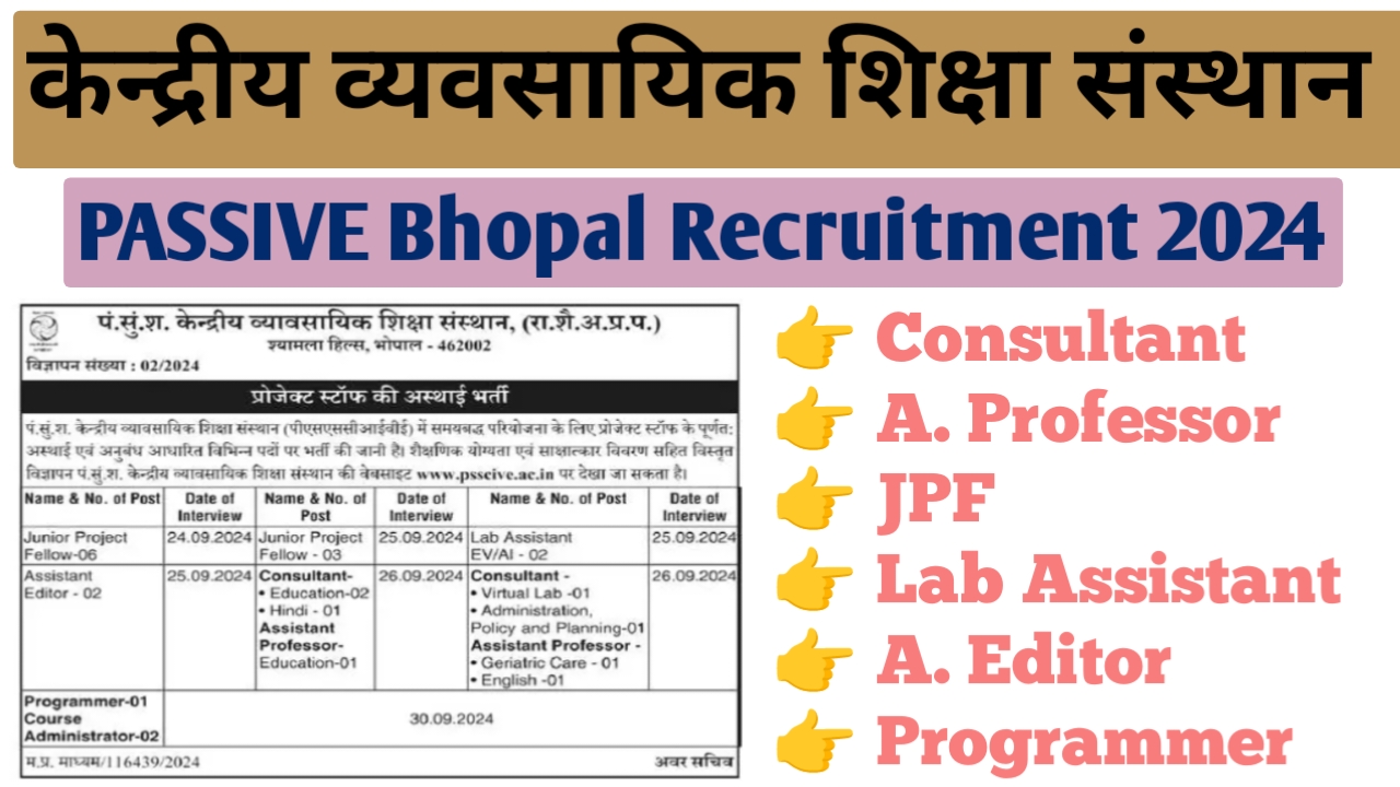 मध्‍यप्रदेश केन्‍द्रीय व्‍यायसायिक शिक्षा संस्‍थान भर्ती 2024 | PSSCIVE Bhopal Vacancy 2024