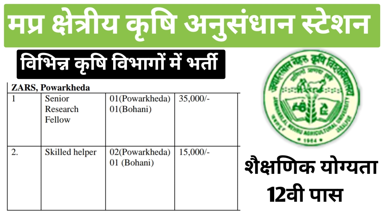 मध्‍यप्रदेश क्षेत्रीय कृषि अनुसंधान स्‍टेशन भर्ती 2024 | MP Zonal Agricultural Research Station Recruitment 2024 | MP ZARS Recruitment 2024 | MPSRS Recruitment 2024 | mp 12th pass vacancy 2024