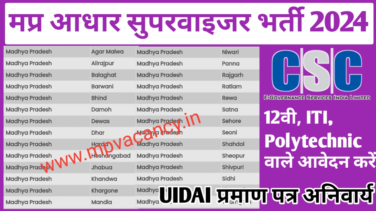 मध्‍यप्रदेश आधार सुपरवाईजर भर्ती 2024 | MP Aadhar Supervisor Vacancy 2024