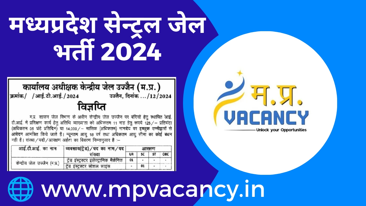 मध्‍यप्रदेश सैन्‍ट्रल जेल भर्ती 2024 | MP Central Jail Bharti 2024 | Central Jail ITI Ujjain Vacancy 2024